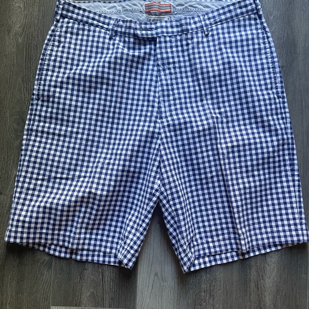 Peter Millar Blue and White Gingham Flat-Front Shorts